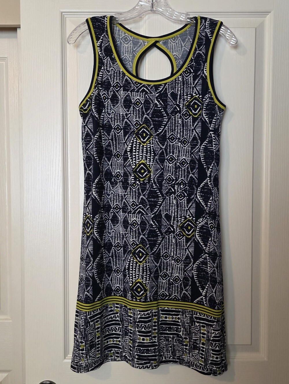 Max Studio Geometric Sleeveless Dress Keyhole Back Lime/Navy/White Sz Small